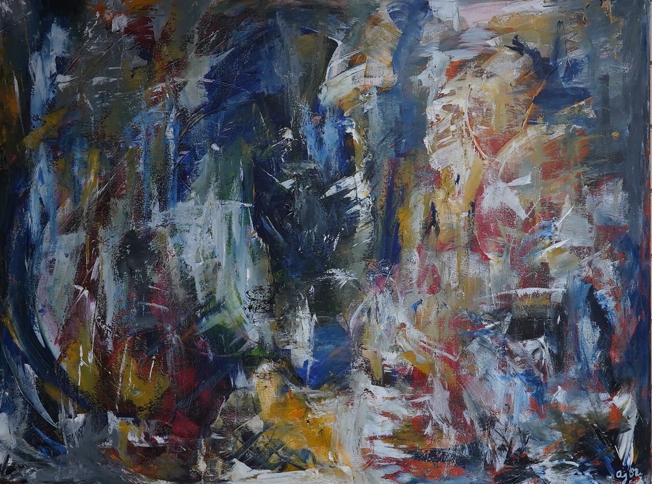 Sylvia Goebel (b.1952), German expressionist oil on canvas, Abstract composition, signed, 78 x 101cm, unframed. Condition - good